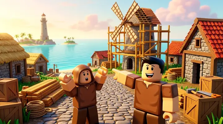 Ilustração 3D estilo Roblox da vila inicial do Blox Fruits em reforma, com andaimes no moinho e dois personagens blocky observando a obra.