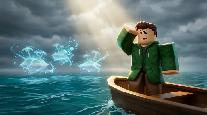 Ilustração 3D estilo Roblox de um explorador blocky num barco olhando ilhas fantasmas se desfazendo no mar, representando boatos sem fonte.