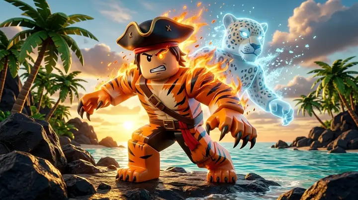 Ilustração 3D estilo Roblox de um personagem se transformando numa fera laranja listrada, com a versão antiga pintada desaparecendo atrás dele.