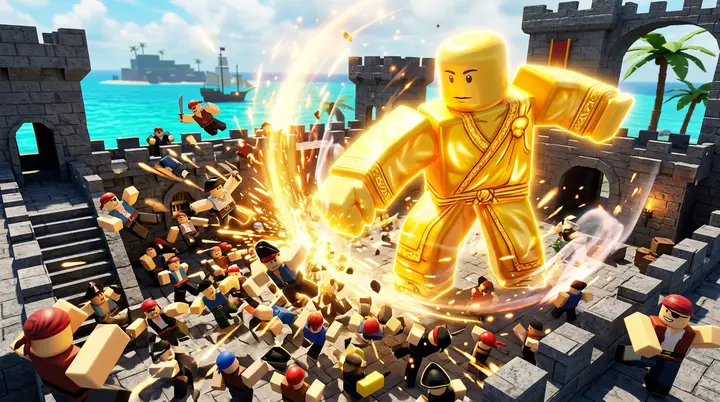 Ilustração 3D estilo Roblox de um personagem gigante dourado derrubando vários inimigos pequenos de uma vez numa ilha tropical.