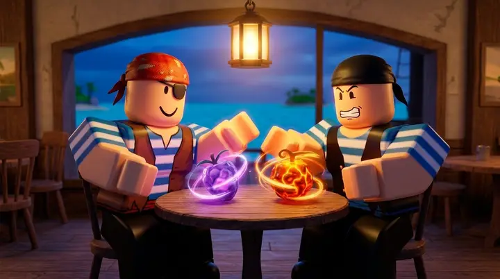 Ilustração 3D estilo Roblox de dois personagens trocando frutas mágicas brilhantes sobre uma mesa num café à beira-mar.