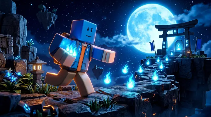 Ilustração 3D estilo Roblox de um personagem correndo atrás de chamas azuis flutuantes num santuário sob uma lua azul.