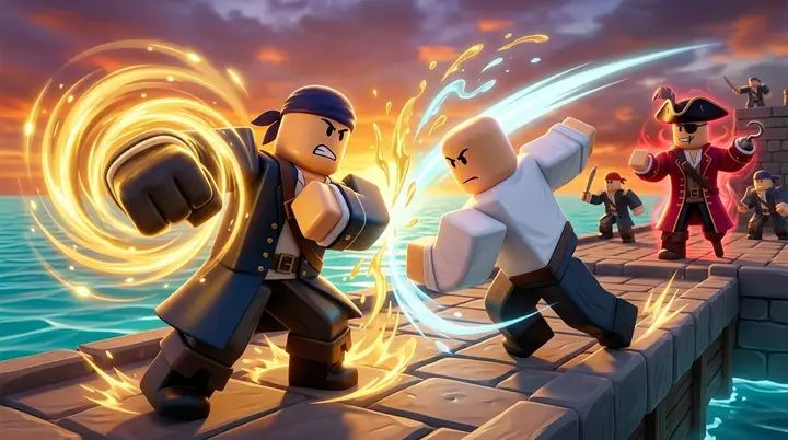 Ilustração 3D estilo Roblox de dois jogadores em combate PvP no Blox Fruits, um socando com energia dourada e o outro esquivando num rastro de luz azul.