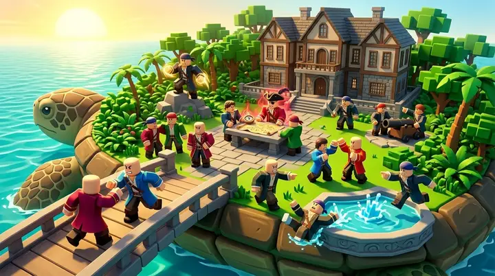 Ilustração 3D estilo Roblox da Floating Turtle do Blox Fruits, uma tartaruga gigante com mansão nas costas, cheia de jogadores reunidos.