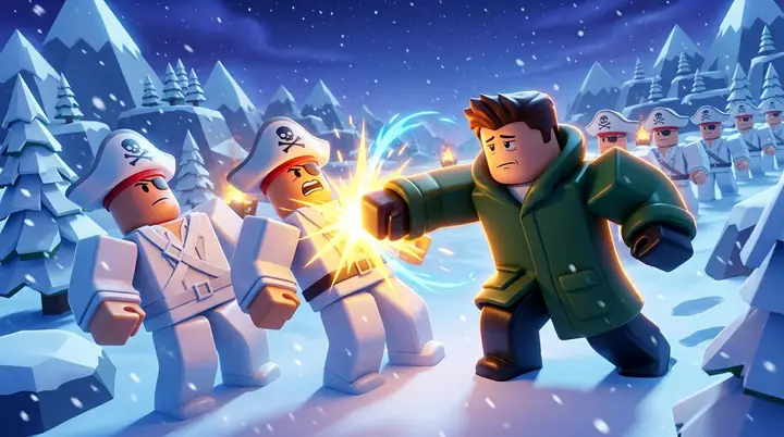 Ilustração 3D estilo Roblox de um personagem enfrentando uma fila interminável de inimigos iguais numa montanha nevada do Blox Fruits.
