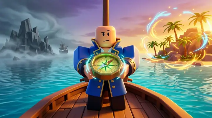 Ilustração 3D estilo Roblox de um jogador de Blox Fruits com uma bússola brilhante apontando para a ilha cinzenta em vez da ilha boa de farmar.