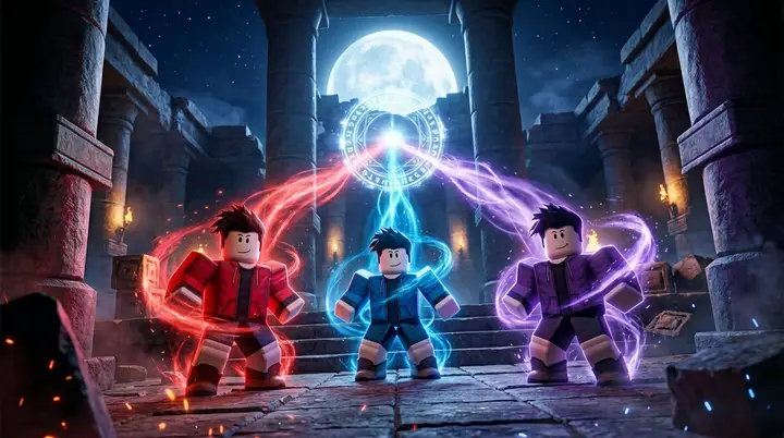 Ilustração 3D estilo Roblox de três personagens com auras de cores diferentes formando um triângulo dentro de um templo antigo sob a lua cheia.