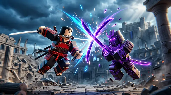 Ilustração 3D estilo Roblox de dois personagens blocky em duelo, um com três katanas brancas e outro com duas katanas roxas cruzadas.