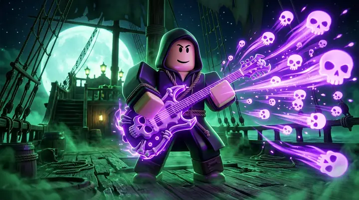 Ilustração 3D estilo Roblox de um personagem blocky tocando uma guitarra em formato de caveira, soltando ondas roxas no convés de um navio sob lua cheia.