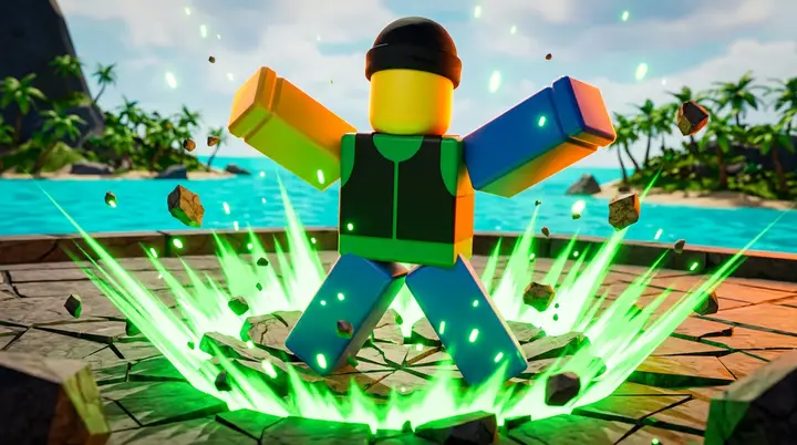 Ilustração 3D estilo Roblox de um personagem blocky liberando uma onda de energia verde, representando as frutas que receberam buff no patch.
