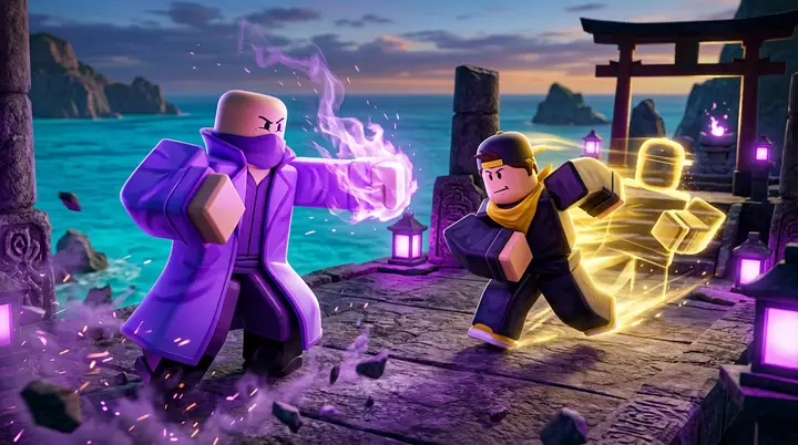 Ilustração 3D estilo Roblox de um golpe de energia roxa se desfazendo enquanto o oponente esquiva, representando o nerf da quebra de Instinto.