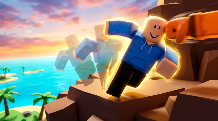 Ilustração 3D estilo Roblox de um personagem blocky esquivando de um soco com rastros dourados, representando a recarga mais rápida do Instinto.