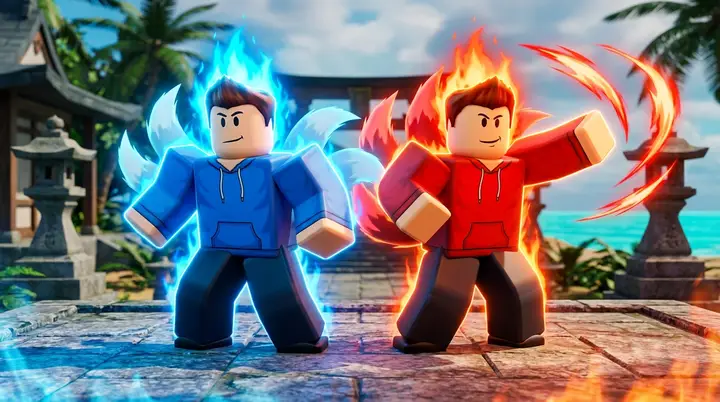 Comparacao em arte 3D estilo Roblox entre o personagem com fogo azul da Kitsune e o de fogo vermelho da Empyrean, lado a lado.