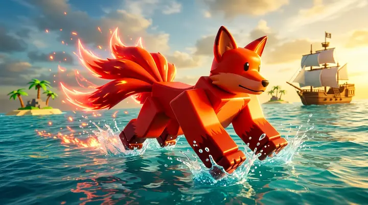 Personagem 3D estilo Roblox transformado em raposa vermelha gigante correndo sobre o mar no Blox Fruits.