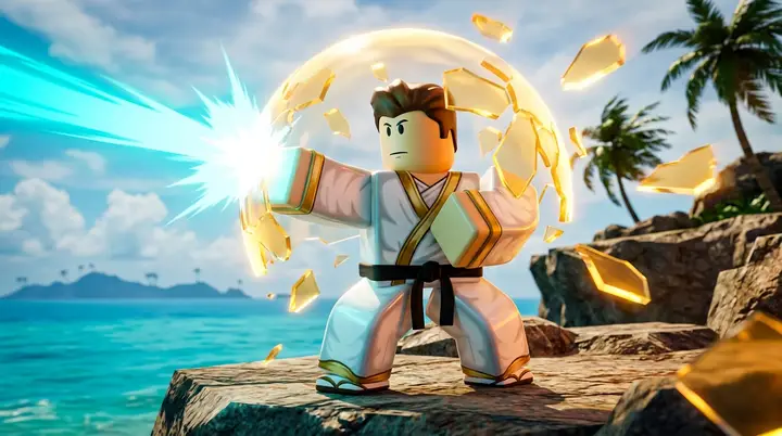 Ilustração 3D estilo Roblox de um personagem blocky com o escudo dourado de Instinto se partindo em cacos sob um impacto azul.