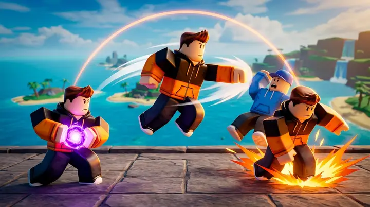 Ilustração 3D estilo Roblox mostrando o mesmo personagem blocky em três poses seguidas, do abridor ao finalizador do combo.