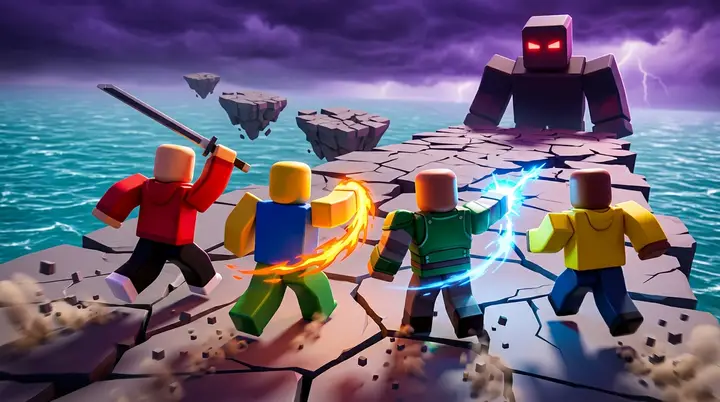 Ilustração 3D estilo Roblox de quatro personagens blocky avançando contra um chefe gigante numa ilha de pedra, representando a raid de despertar do Blox Fruits.
