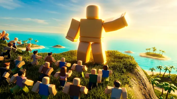 Ilustração 3D estilo Roblox de um personagem blocky gigante e dourado cercado por inimigos pequenos num morro, representando a forma transformada do Buddha no Blox Fruits.