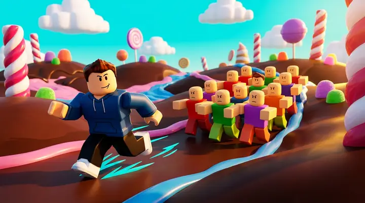 Ilustração 3D estilo Roblox de um personagem agrupando inimigos numa ilha de chocolate e doces do Blox Fruits.