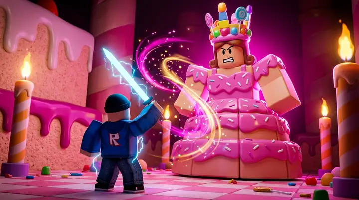 Ilustração 3D estilo Roblox de um personagem pequeno encarando uma chefe gigante de bolo num salão de doces do Blox Fruits.
