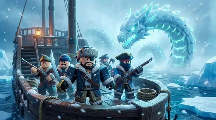 Ilustração 3D estilo Roblox de quatro personagens blocky enfrentando uma serpente marinha gigante de gelo a partir do convés de um navio, representando a caçada ao Leviathan no Blox Fruits.