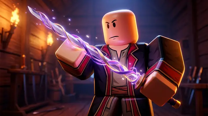 Ilustração 3D estilo Roblox de um espadachim blocky segurando uma katana envolta em energia brilhante, representando uma arma recém-encantada no Blox Fruits.