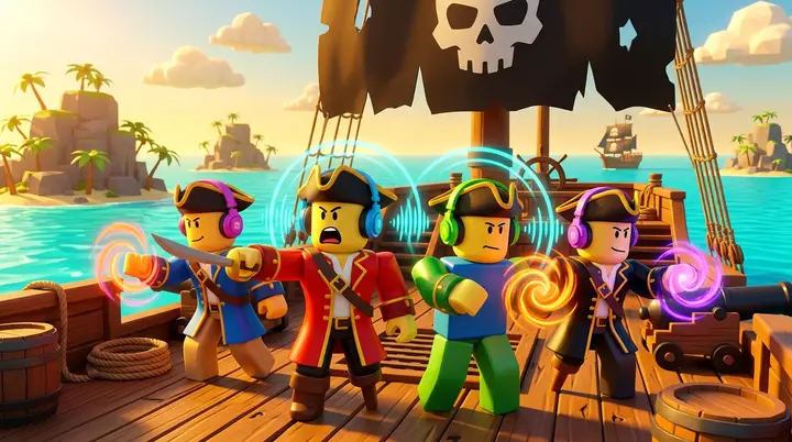 Ilustração 3D estilo Roblox de quatro personagens blocky com headset no convés de um navio pirata, coordenando uma raid por chamada de voz.