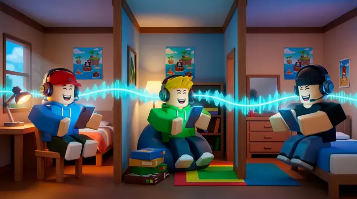 Ilustração 3D estilo Roblox de três personagens blocky em quartos diferentes, cada um com headset e celular, ligados por uma onda de som que atravessa as três cenas.