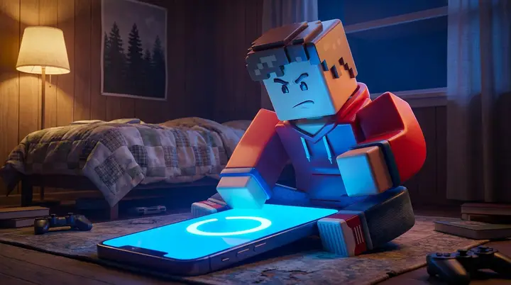 Personagem em estilo Roblox esperando o download de um jogo no celular, com o anel de progresso aceso na tela
