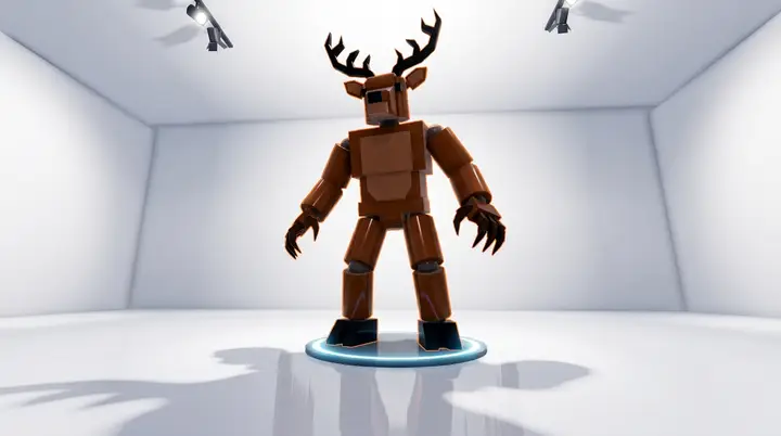 O Cervo sozinho num pedestal iluminado dentro de um salão vazio, ilustrando que o crossover é só uma skin