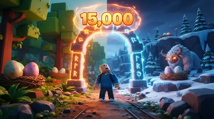 Personagem do Roblox parado diante do portão brilhante que separa dois biomas do Steal An Egg, com o número de velocidade exigido flutuando acima do arco