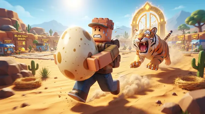 Personagem do Roblox correndo devagar com um ovo gigante nos braços enquanto o guardião do bioma o alcança no Steal An Egg