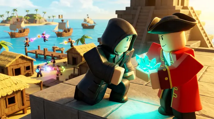 Dois personagens blocky do Roblox negociando fragmentos brilhantes no telhado de um templo de pedra numa ilha do Blox Fruits