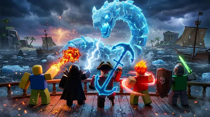 Grupo de cinco jogadores blocky atacando um segmento do Leviathan com poderes de área no Blox Fruits
