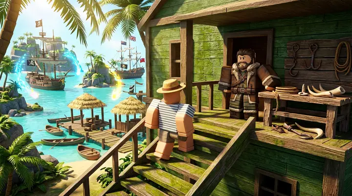 Jogador subindo a escada do prédio verde-musgo do Tiki Outpost até o NPC Beast Hunter no Blox Fruits