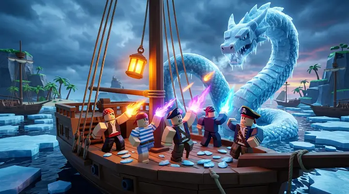Grupo de cinco jogadores enfrentando o Leviathan de um barco comum no Blox Fruits, com Escamas caindo no convés
