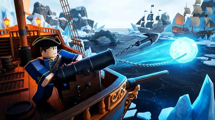 Arpão do Beast Hunter disparado contra o Coração do Leviathan brilhando sobre a água congelada no Blox Fruits