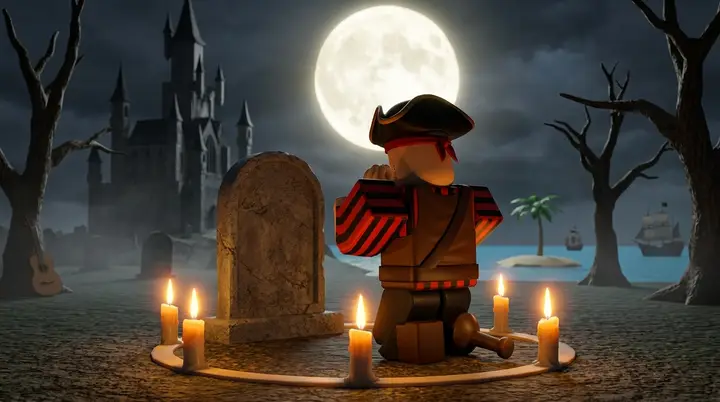 Lápide do Haunted Castle com as velas acesas durante a lua cheia, o momento em que o puzzle da Skull Guitar começa