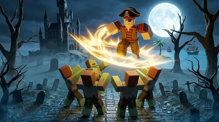 Seis Living Zombies agrupados no Haunted Castle pouco antes do golpe em área que o primeiro passo do puzzle exige