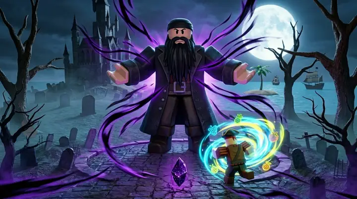 Luta contra o Darkbeard na Second Sea, o chefe de raid que larga o Dark Fragment da receita da Skull Guitar