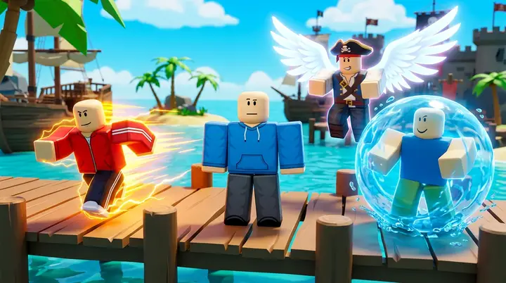 Personagem blocky sem nenhum efeito ao lado de três outros com poderes visíveis, mostrando por que a raça Human parece fraca no começo do Blox Fruits