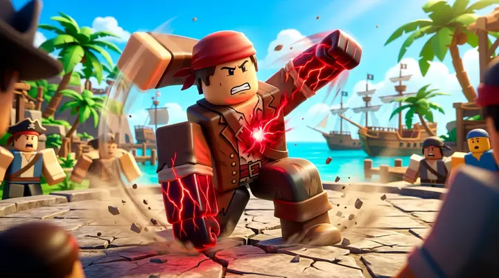 Personagem blocky ferido revidando com brilho vermelho nos braços, ilustrando o Last Resort da raça Human V3 no Blox Fruits
