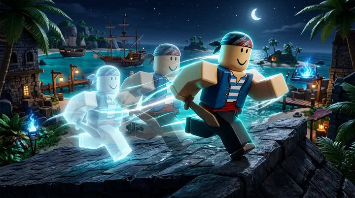 Personagem blocky se teletransportando em três imagens sobrepostas, ilustrando as cargas de Flash Step do Psycho na raça Human V4 do Blox Fruits