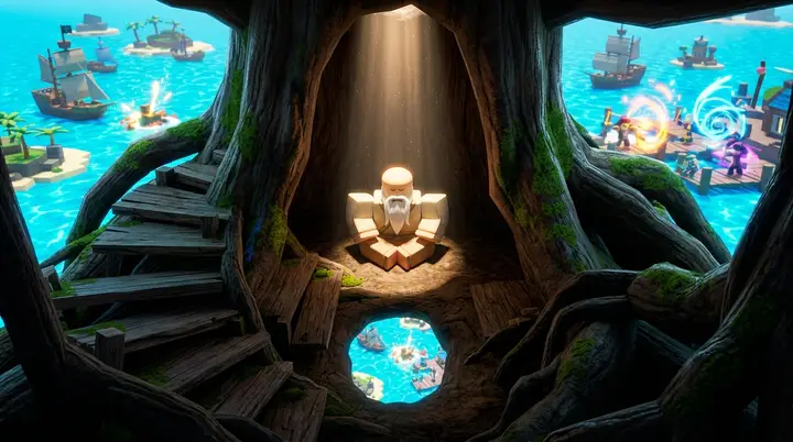 Monge de túnica sentado no fundo de uma árvore oca gigante, o esconderijo do Ancient Monk na Floating Turtle do Blox Fruits