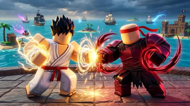 Dois personagens do Blox Fruits em duelo, um com os punhos brilhando em dourado e o outro com energia vermelha de roubo de vida
