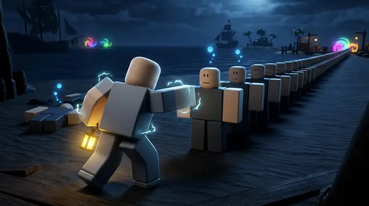 Personagem do Blox Fruits treinando sozinho à noite contra uma fila interminável de inimigos, ilustrando o grind de maestria do Godhuman
