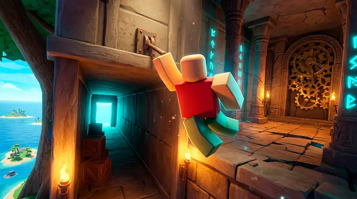 Personagem blocky estilo Roblox saltando para alcançar uma alavanca numa borda de pedra alta dentro do Temple of Time.