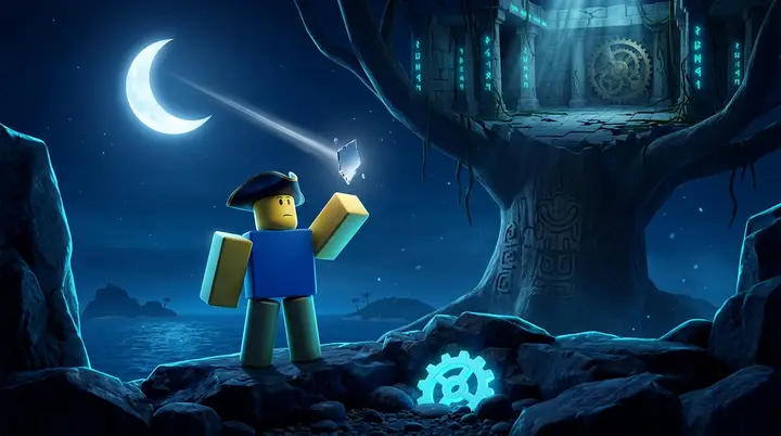 Personagem blocky no pico de uma ilha à noite encarando a lua, com a engrenagem azul brilhando entre as pedras do chão.