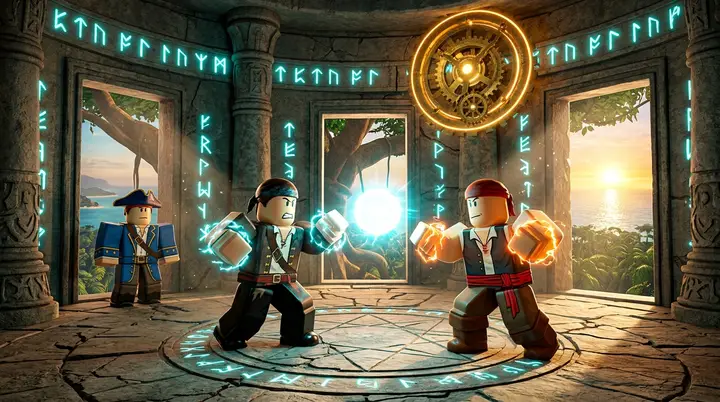 Três personagens blocky em posição de combate numa câmara de pedra circular, ilustrando o duelo final do trial de raça.