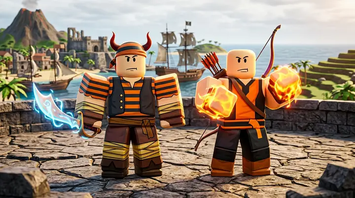 Dragon Crew Warrior e Dragon Crew Archer lado a lado na arena da Hydra Island no Blox Fruits
